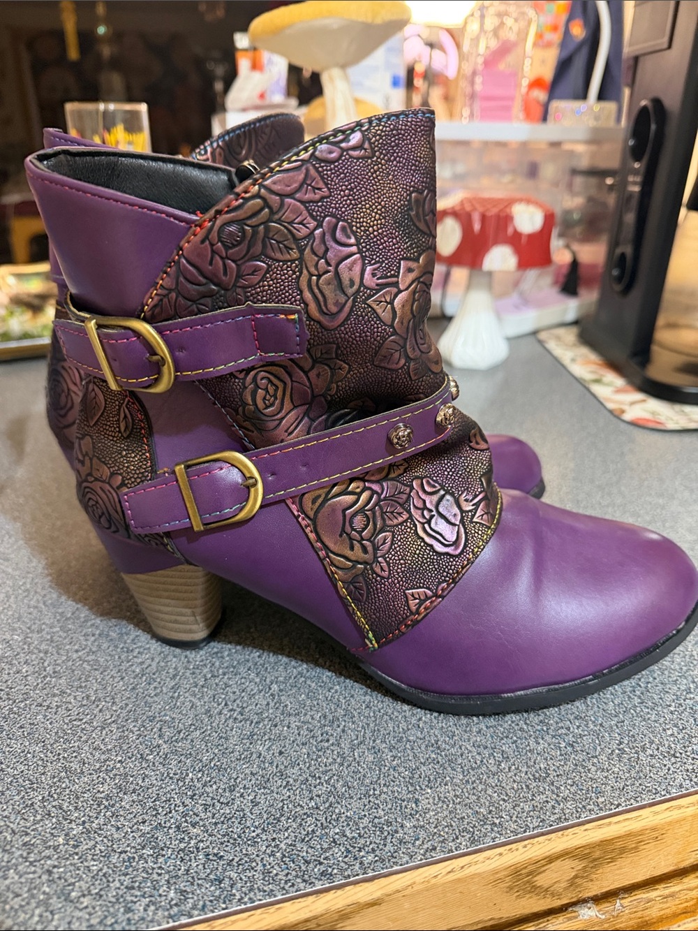 Women's Purple Floral Embossed Ankle Booties with Buckle Detail